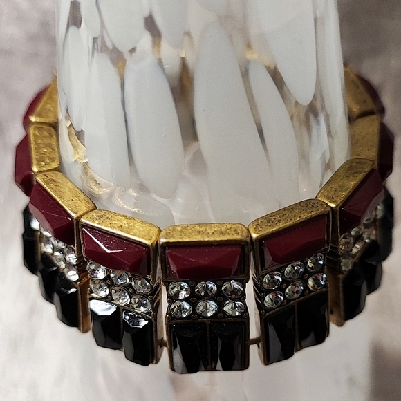 J. Crew Baguette Acrylic Black Merlot Rhinestone Stretch Bracelet Oxidized Brass - Picture 3 of 9